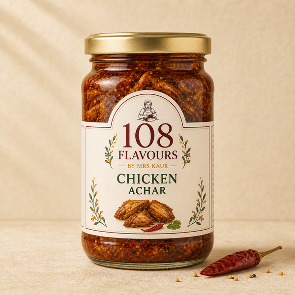 108 Flavours Chicken Achar in a 250g glass jar with a gold lid