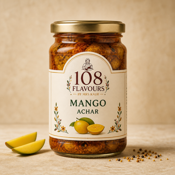 108 Flavours Mango Achar in a 250g glass jar with a gold lid