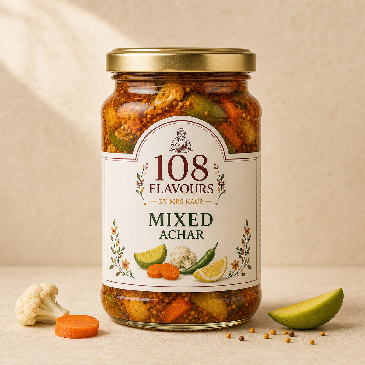108 Flavours Mixed Achar in a 250g glass jar with a gold lid
