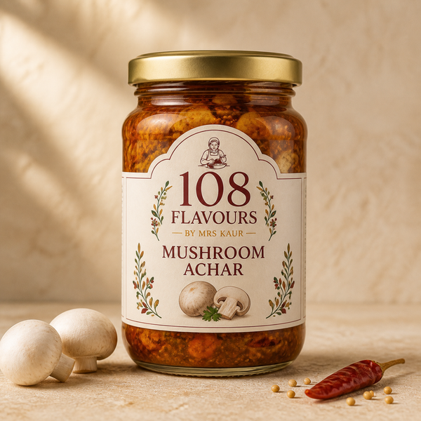 108 Flavours Mushroom Achar in a 250g glass jar with a gold lid